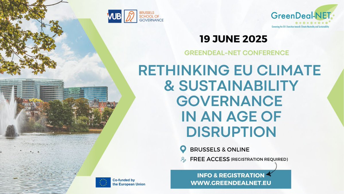 Join the GreenDeal-NET conference: Rethinking EU Climate &amp; Sustainability Governance in an Age of Disruption🟢 

Engage with decision-makers, academics and creatives on 19 June. Register now to participate online ➡️ buff.ly/wLmHn4F