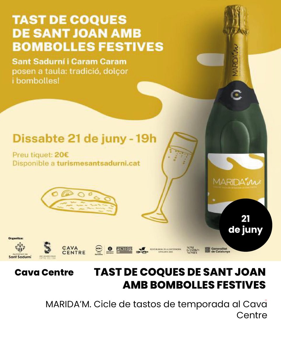 Museos del Vino (@museosdelvino) on Twitter photo 🥂 ¡No faltes a la Cata de Cocas de Sant Joan con Burbujas Festivas en el #CavaCentre! 🥂
Una cita imprescindible en el marco de MARIDA'M, el ciclo de catas de temporada del espacio ubicado en Sant Sadurní d'Anoia.
✅ El 21 de junio, a las 19:00 horas.
<a href="/TSantSadurni/">Turisme Sant Sadurní</a> 🥂 ¡No faltes a la Cata de Cocas de Sant Joan con Burbujas Festivas en el #CavaCentre! 🥂
Una cita imprescindible en el marco de MARIDA'M, el ciclo de catas de temporada del espacio ubicado en Sant Sadurní d'Anoia.
✅ El 21 de junio, a las 19:00 horas.
<a href="/TSantSadurni/">Turisme Sant Sadurní</a>