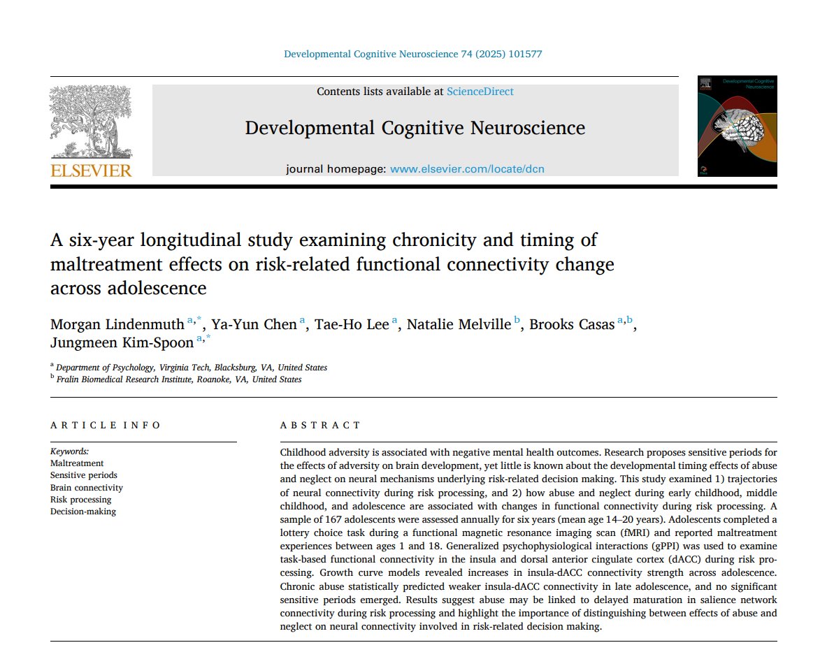 A new paper coming out of our lab uses six years of longitudinal data to examine links between the chronicity and timing of maltreatment and risk-related functional connectivity across adolescence. Read it here! (Open-access in DCN) 
doi.org/10.1016/j.dcn.…