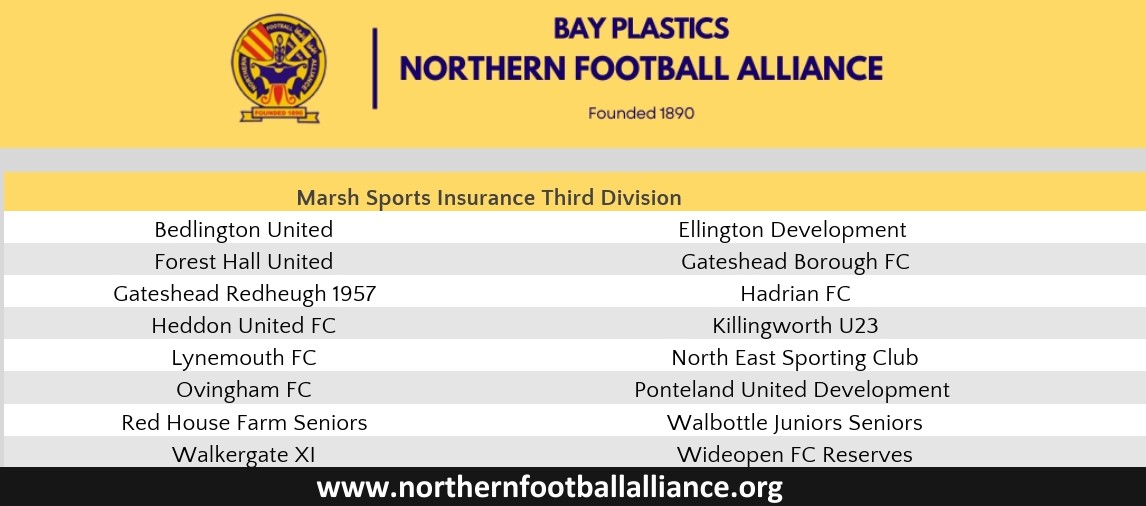 The annual general meeting of the Northern Football Alliance has took place tonight. We can now reveal the constitution for season 25/26. 

The league has 65 teams across the 4 divisions. The Premier Division will operate with 17 teams, the remaining 3 all have 16