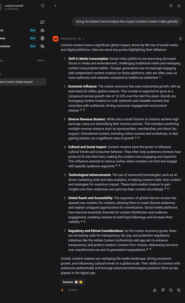 JoshuaAyanfe3's tweet image. Day 15: Large language models (LLMs)

Used @Lechat to analyse a topic in real time, gathering data from the net just in one go🚀👌.
Other tools used @HuggingChat @Groqai 
@alx_africa @julienbarbier42 @kalibetre @lowercase_life

#LeChat #HuggingChat #groq