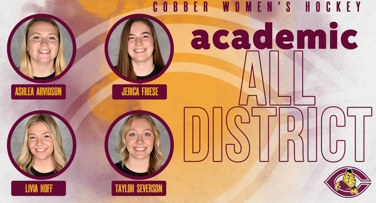 CobberSID's tweet image. 𝗔𝗖𝗔𝗗𝗘𝗠𝗜𝗖 𝗔𝗟𝗟-𝗗𝗜𝗦𝗧𝗥𝗜𝗖𝗧!
CORNGRATS to women's hockey players Ashlea Arvidson, Jerica Friese, Livia Hoff & Taylor Severson, who were named to the CSC Academic All-District At-Large Team!
𝗗𝗘𝗧𝗔𝗜𝗟𝗦: tinyurl.com/mwtezwxr