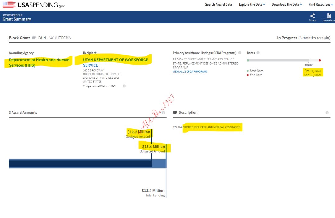 Al Ebadi (@awsalebadi) on Twitter photo Hello <a href="/DataRepublican/">DataRepublican (small r)</a> <a href="/BasedMikeLee/">Mike Lee</a> Did you know In 2023 HHS gave Utah department of workforce services a $13.4 Million for "refugee" Cash Assistant program $12.2 Million already spent.
H/t to <a href="/Jackiec40327277/">Jax</a> for bringing this to my attention.
<a href="/NUKULYUS/">NUKULYUS</a> <a href="/JDaIey/">Jordan Daley</a> Hello <a href="/DataRepublican/">DataRepublican (small r)</a> <a href="/BasedMikeLee/">Mike Lee</a> Did you know In 2023 HHS gave Utah department of workforce services a $13.4 Million for "refugee" Cash Assistant program $12.2 Million already spent.
H/t to <a href="/Jackiec40327277/">Jax</a> for bringing this to my attention.
<a href="/NUKULYUS/">NUKULYUS</a> <a href="/JDaIey/">Jordan Daley</a>