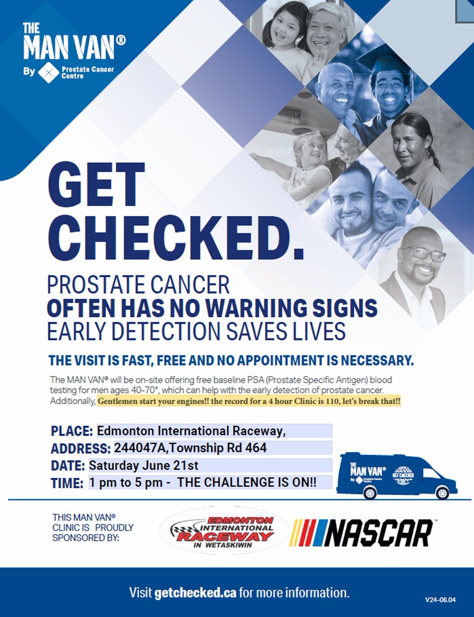 Rev up your health AND your summer plans!
On June 21st, get a FREE ticket to the races at Edmonton International Raceway when you get tested at The Man Van – (Men aged 40-70)
#ManVan #EdmontonRaceway #NASCARCanada #MensHealth #SupportLocal #wetaskiwincounty #edmontonevents