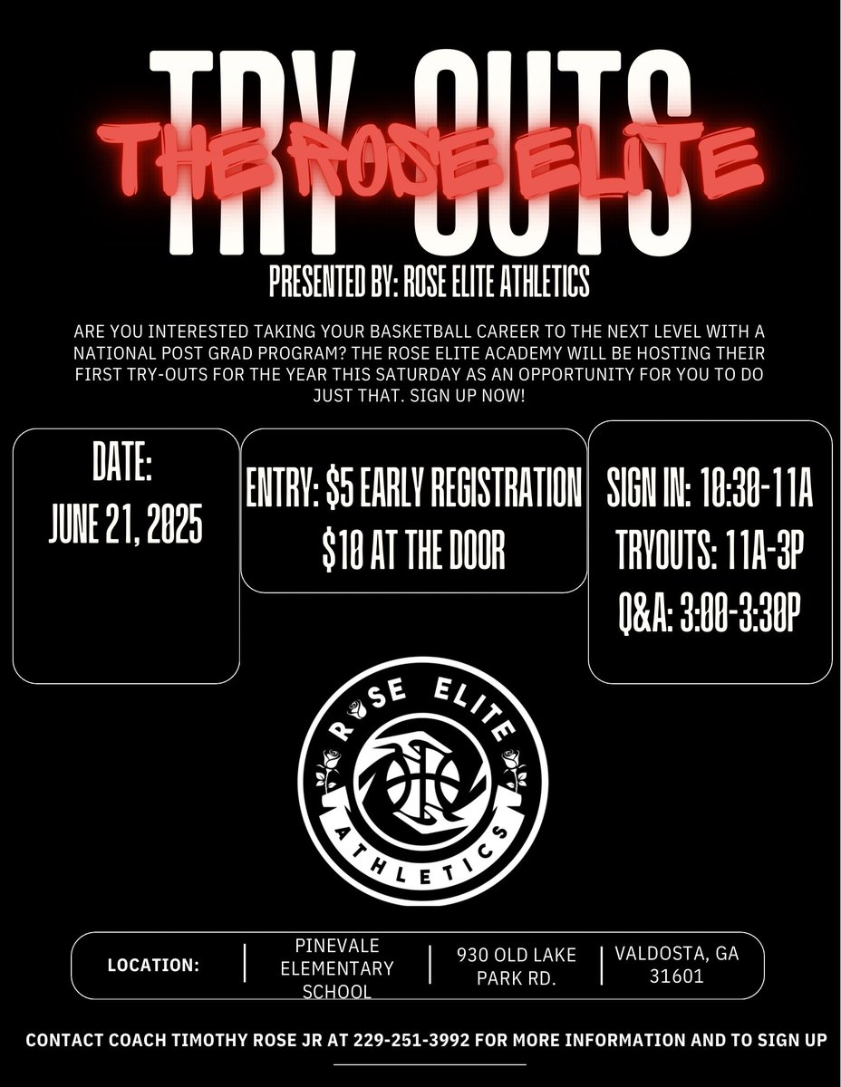 🚨Rose Elite Academy Tryout🔥

We’re hosting an open tryout for our 2-Year National Post-Grad Program.

🎓 HS grads up to age 22
🏀 Compete vs college programs
📚 Staff w/ proven college-level experience

📩 DM to register
#RoseElite #PostGradBasketball #StudentAthlete #JUCOPath