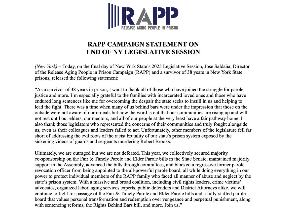 RAPPcampaign's tweet image. Today is the final day of NY&apos;s 2025 legislative session.

Our statement: Thanks to all who joined the struggle for parole justice, especially those who are directly impacted. The Legislature failed, but WE took critical steps forward. Together, our fight continues.
