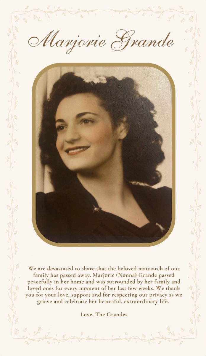Nonna, abuela de Ariana Grande ha fallecido a los 99 años de edad 🕊

Mandamos nuestras sinceras condolencias a la familia.

Descansa en Paz, Marjorie Grande