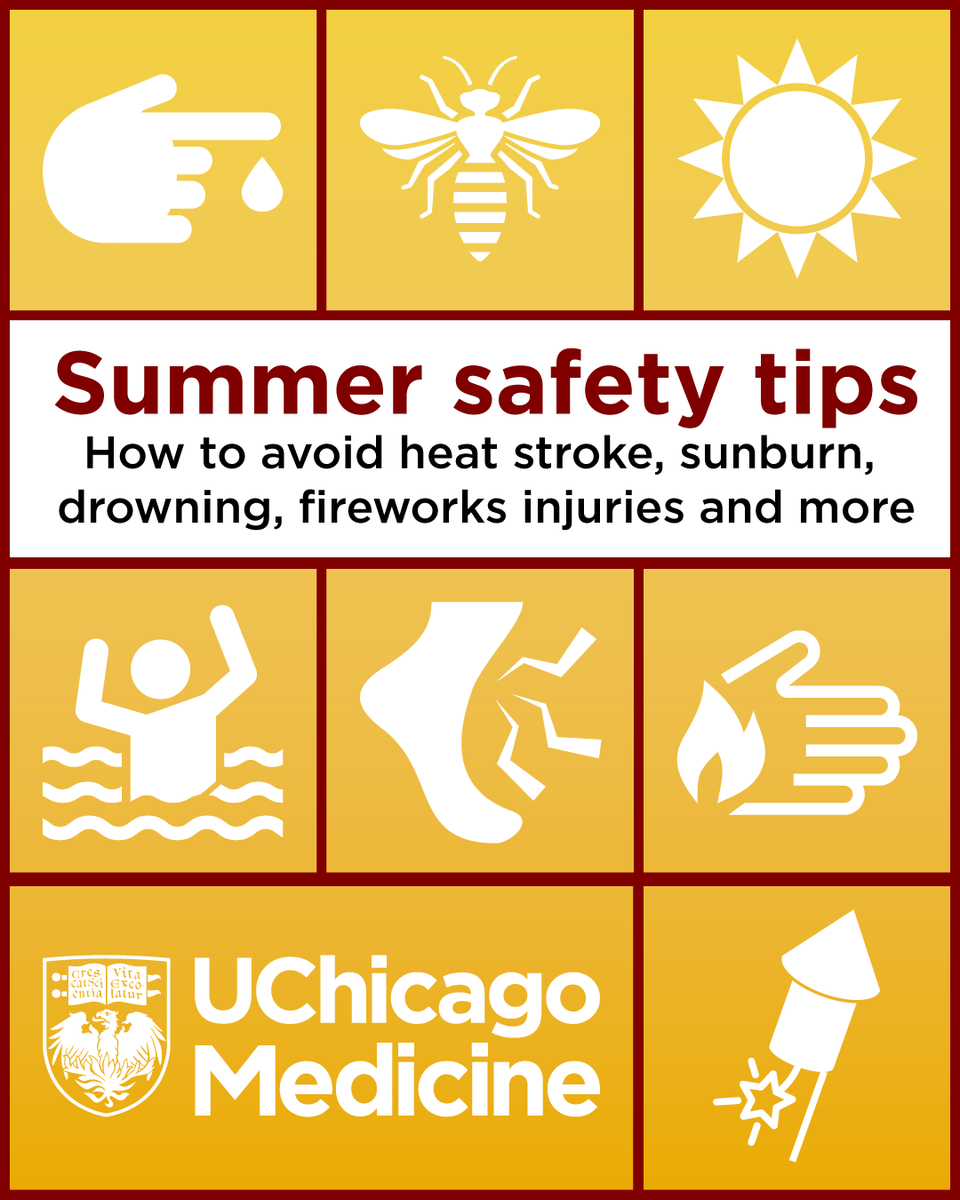 UChicagoMed's tweet image. School is out, summer officially starts on the 20th and warm weather has arrived. Two UChicago Medicine physicians share tips on how to prevent and treat common summertime injuries and illnesses. ☀️ uchicagomedicine.org/forefront/pedi…