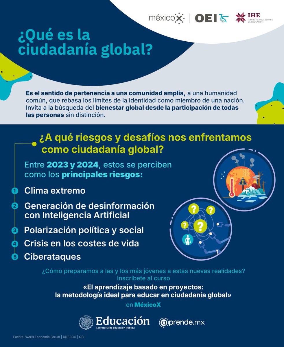 Los retos de la ciudadanía global requieren un abordaje educativo distinto. 🧐

Acompaña a tus estudiantes a enfrentar los desafíos actuales con pedagogías activas. 🏫🧑‍🏫👩‍🏫

Inscríbete en #MéxicoX a nuestro curso en colaboración con la <a href="/OEIMEX/">OEI en México</a> 👇
amx.la/AprendizajeEnP…