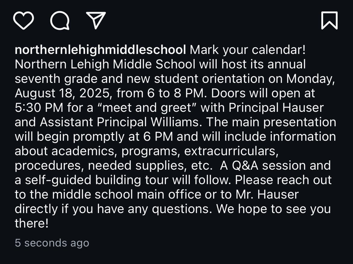 Mr. Hauser (@mrhausernlsd) on Twitter photo Seventh Grade and new student orientation is set for <a href="/NorthernLehigh/">Northern Lehigh School District</a> Middle School on August 18th, 2025, from 6-8 PM. 🐾 🏫 Seventh Grade and new student orientation is set for <a href="/NorthernLehigh/">Northern Lehigh School District</a> Middle School on August 18th, 2025, from 6-8 PM. 🐾 🏫