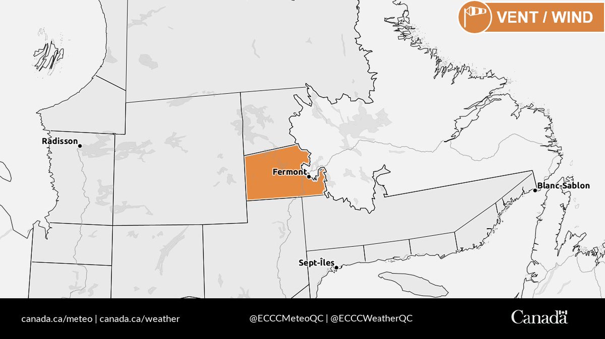 Strong wind gusts of over 90 km/h are expected in the Fermont area from Wednesday morning to Wednesday afternoon. ⚠️🌬️
#QCstorm