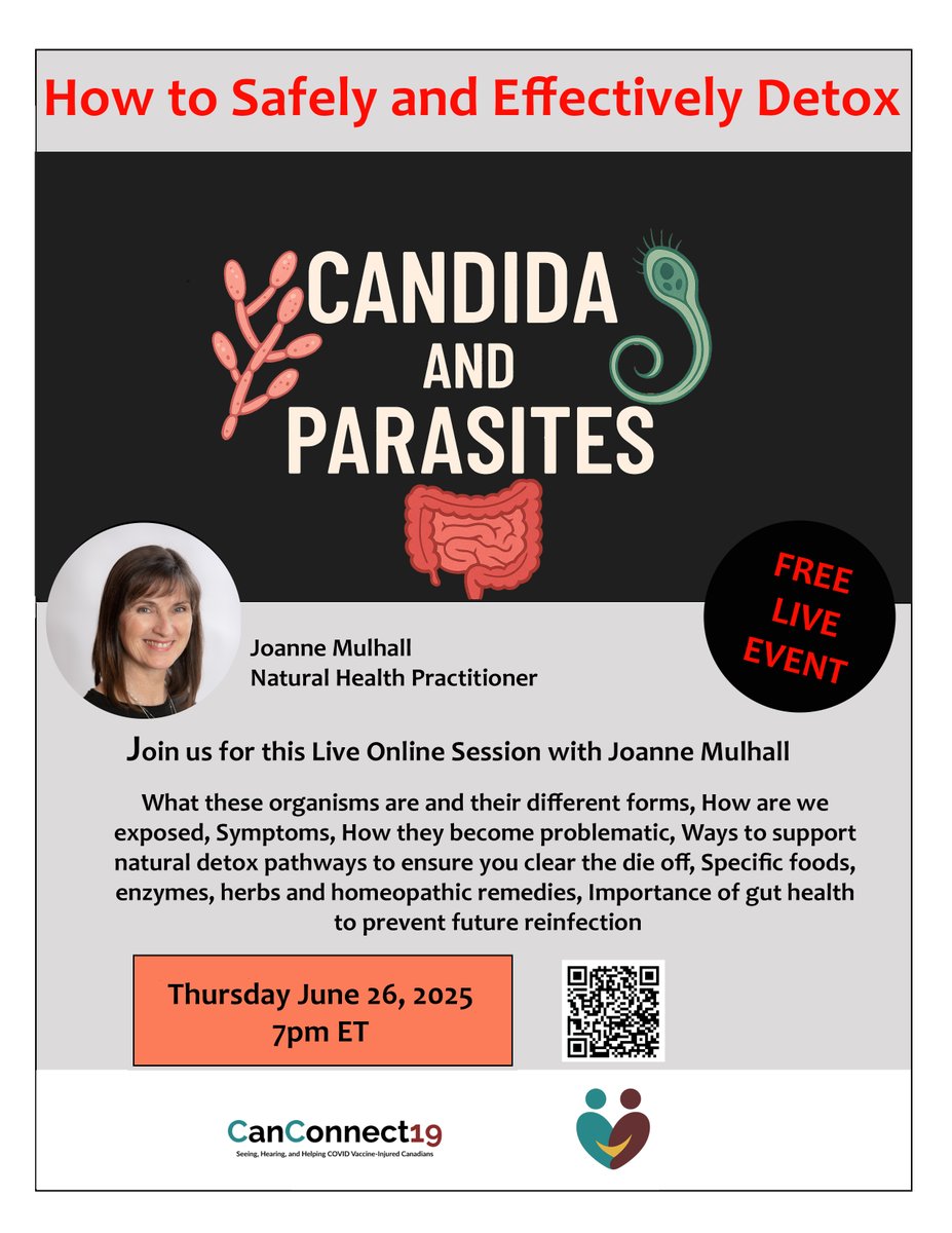 CanConnect19's tweet image. Could candida or parasites be behind your chronic symptoms?

Join Joanne Mulhall on June 26 @ 7pm ET to learn how to detox safely and prevent them from coming back—naturally.

Register now: canconnect19.ca/events

Connect with our growing community for vaccine-injured Canadians.