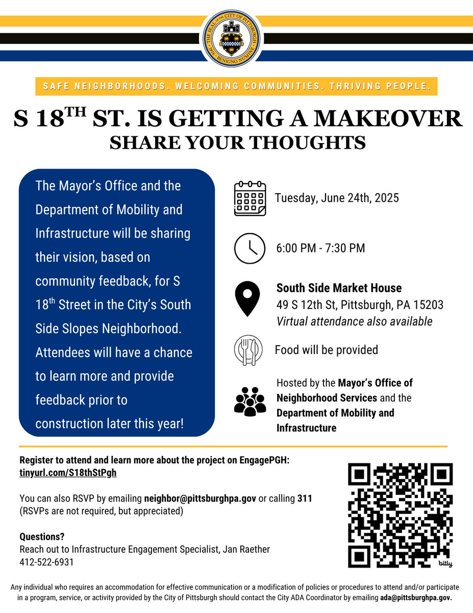 The City will identify and implement targeted safety improvements on S 18th St between E Carson St and Monastery Ave to alleviate the safety issues that put this section of S 18th St on the High Injury Network (HIN). 

engage.pittsburghpa.gov/s-18th-st-corr…