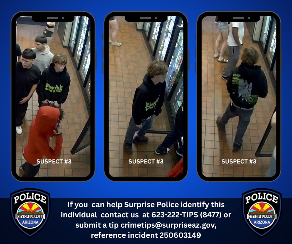 Surprise_PD's tweet image. Help Identify these Individuals
The Surprise Police Department is seeking the community’s assistance in identifying the following individuals involved in an incident that occurred in the early morning hours of June 15 near Bell Road and State Route 303.
Previously released…