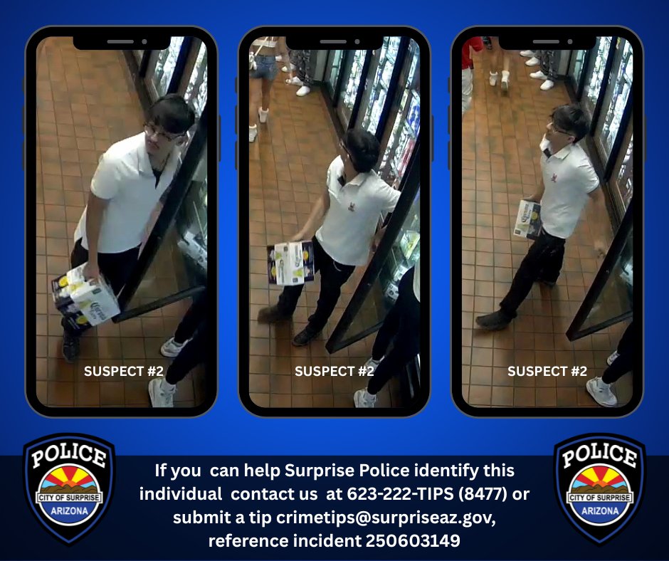 Surprise_PD's tweet image. Help Identify these Individuals
The Surprise Police Department is seeking the community’s assistance in identifying the following individuals involved in an incident that occurred in the early morning hours of June 15 near Bell Road and State Route 303.
Previously released…