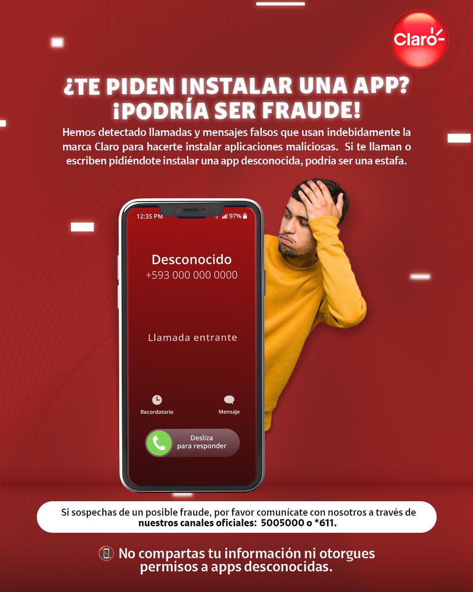 🔴 ¿Te piden instalar una app por mensaje o llamada?   🔴 

¡Podría ser fraude! 🚫

Protege tu información: no instales apps de fuentes desconocidas y reporta cualquier sospecha a nuestros canales oficiales: 5005000 o *611.

#SeguridadDigital