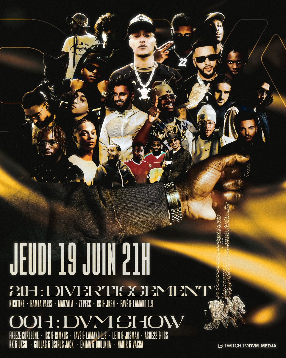 Jeudi 21h sûrement le plus gros live de l’histoire de ma chaîne ! 

Divertissement + DVM SHOW 🔥🔥🔥

Merci à tous les invités d’avoir répondu présent jeudi c’est la fête !!!! Jeudi c’est l’album DVM qui sort !!! 🚨🚨

Vous êtes pas prêt !