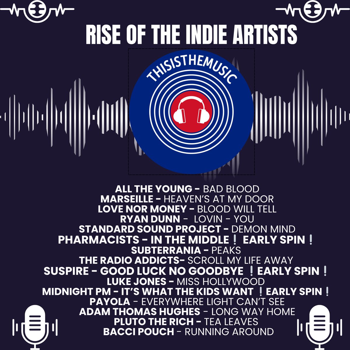 ThisIsTheMusic_ (@thisisthemusic2) on Twitter photo Details of this week’s Rise Of The Indie Artists Thurs 1pm
<a href="/weareATY/">All the Young</a> <a href="/marseilleband/">Marseille</a> <a href="/LateUltimatum/">Love nor Money</a> <a href="/ryandunnmusic/">Ryan Dunn</a> <a href="/standardsound24/">StandardSoundProject</a> Pharmacists <a href="/SubterraniaBand/">Subterrania</a> <a href="/TheRadioAddicts/">The Radio Addicts</a> <a href="/suspiretheband/">Suspire</a> Luke Jones Midnight PM <a href="/PayolaMusicUK/">PAYOLA</a> <a href="/AdamTHughes_/">Adam Thomas Hughes</a> Pluto The Rich <a href="/baccipouchband/">Bacci Pouch</a> Details of this week’s Rise Of The Indie Artists Thurs 1pm
<a href="/weareATY/">All the Young</a> <a href="/marseilleband/">Marseille</a> <a href="/LateUltimatum/">Love nor Money</a> <a href="/ryandunnmusic/">Ryan Dunn</a> <a href="/standardsound24/">StandardSoundProject</a> Pharmacists <a href="/SubterraniaBand/">Subterrania</a> <a href="/TheRadioAddicts/">The Radio Addicts</a> <a href="/suspiretheband/">Suspire</a> Luke Jones Midnight PM <a href="/PayolaMusicUK/">PAYOLA</a> <a href="/AdamTHughes_/">Adam Thomas Hughes</a> Pluto The Rich <a href="/baccipouchband/">Bacci Pouch</a>