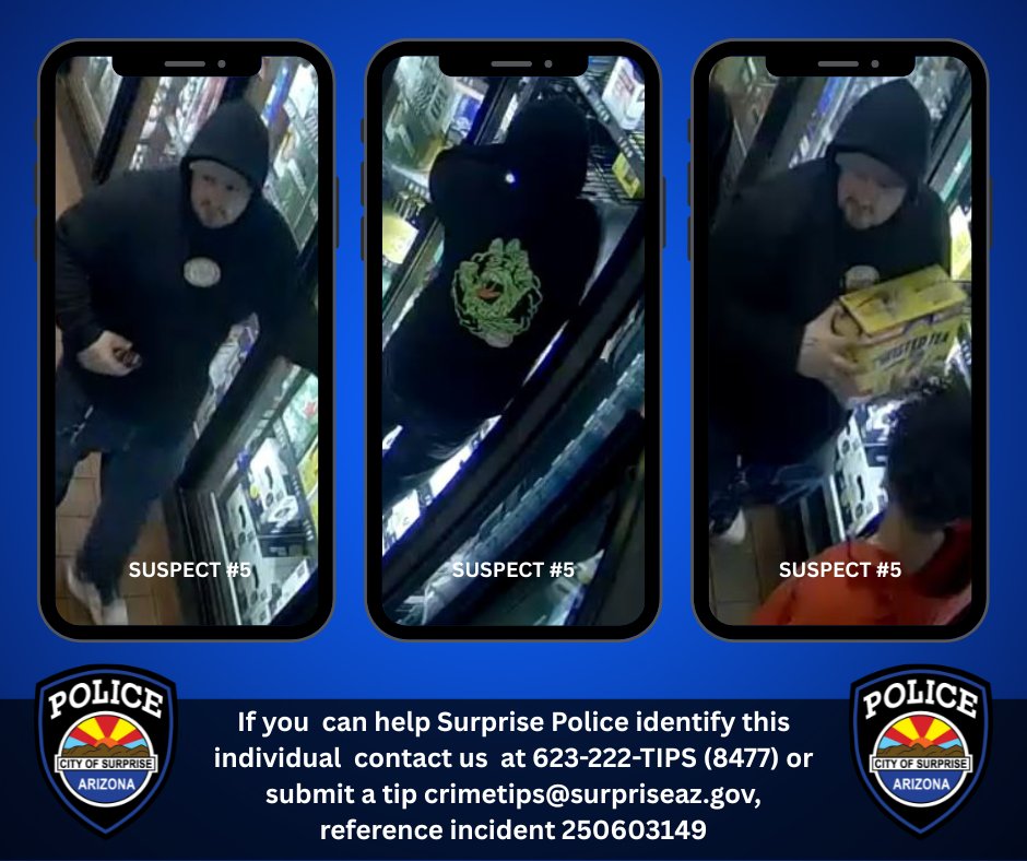 Surprise_PD's tweet image. Help Identify these Individuals
The Surprise Police Department is seeking the community’s assistance in identifying the following individuals involved in an incident that occurred in the early morning hours of June 15 near Bell Road and State Route 303.
Previously released…