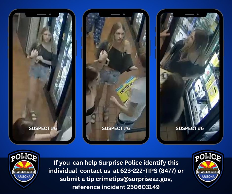 Surprise_PD's tweet image. Help Identify these Individuals
The Surprise Police Department is seeking the community’s assistance in identifying the following individuals involved in an incident that occurred in the early morning hours of June 15 near Bell Road and State Route 303.
Previously released…