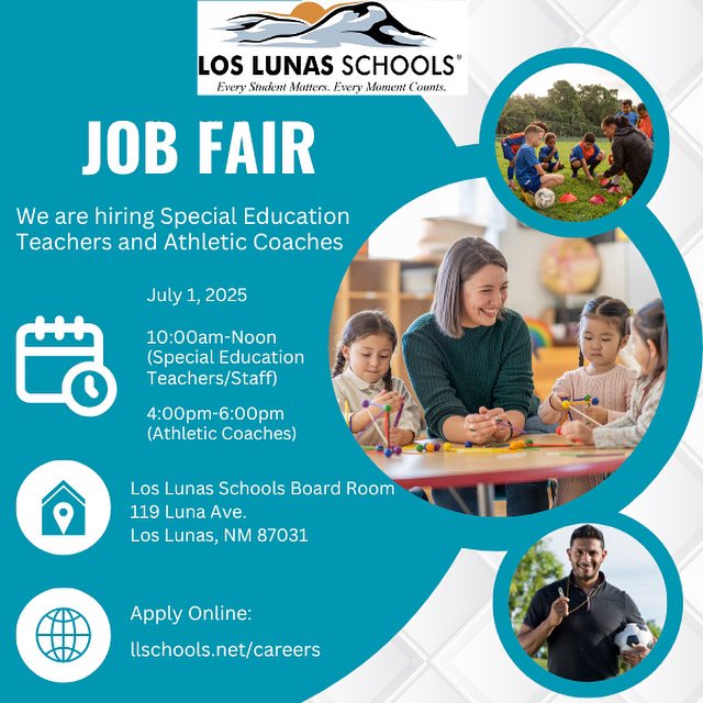 LLSchools (@ll_schools) on Twitter photo Los Lunas Schools is holding a Job Fair for Special Education Teachers/Staff and Coaches and Assistant Coaches on July 1, 2025. Apply online at llschools.net/careers #llsrocks <a href="/LLHSTigers/">Los Lunas High School</a> <a href="/VCNewsBulletin/">VC News-Bulletin</a> <a href="/AnnElementary/">Ann Parish Elementary@APEPrincipal</a> <a href="/LLTigerSports/">Los Lunas Tigers</a> <a href="/LosLunasFB/">Los Lunas Tigers Football</a> Los Lunas Schools is holding a Job Fair for Special Education Teachers/Staff and Coaches and Assistant Coaches on July 1, 2025. Apply online at llschools.net/careers #llsrocks <a href="/LLHSTigers/">Los Lunas High School</a> <a href="/VCNewsBulletin/">VC News-Bulletin</a> <a href="/AnnElementary/">Ann Parish Elementary@APEPrincipal</a> <a href="/LLTigerSports/">Los Lunas Tigers</a> <a href="/LosLunasFB/">Los Lunas Tigers Football</a>