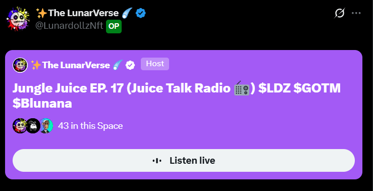 𝙎𝙇𝘼𝙔𝙀𝙍-𝘽𝘼𝘽𝙀𝙎 (@anthonyhakim6) on Twitter photo What banger space with juicebagger <a href="/LunardollzNft/">✨The LunarVerse ☄️</a> & Ledged <a href="/mnk3ylabs/">MNK3YS</a> always fun and so crazy alpha, bringing in the builders on sol like <a href="/DMSTsol/">Degen Mutant Soja Turtles Solana</a> tap in What banger space with juicebagger <a href="/LunardollzNft/">✨The LunarVerse ☄️</a> & Ledged <a href="/mnk3ylabs/">MNK3YS</a> always fun and so crazy alpha, bringing in the builders on sol like <a href="/DMSTsol/">Degen Mutant Soja Turtles Solana</a> tap in