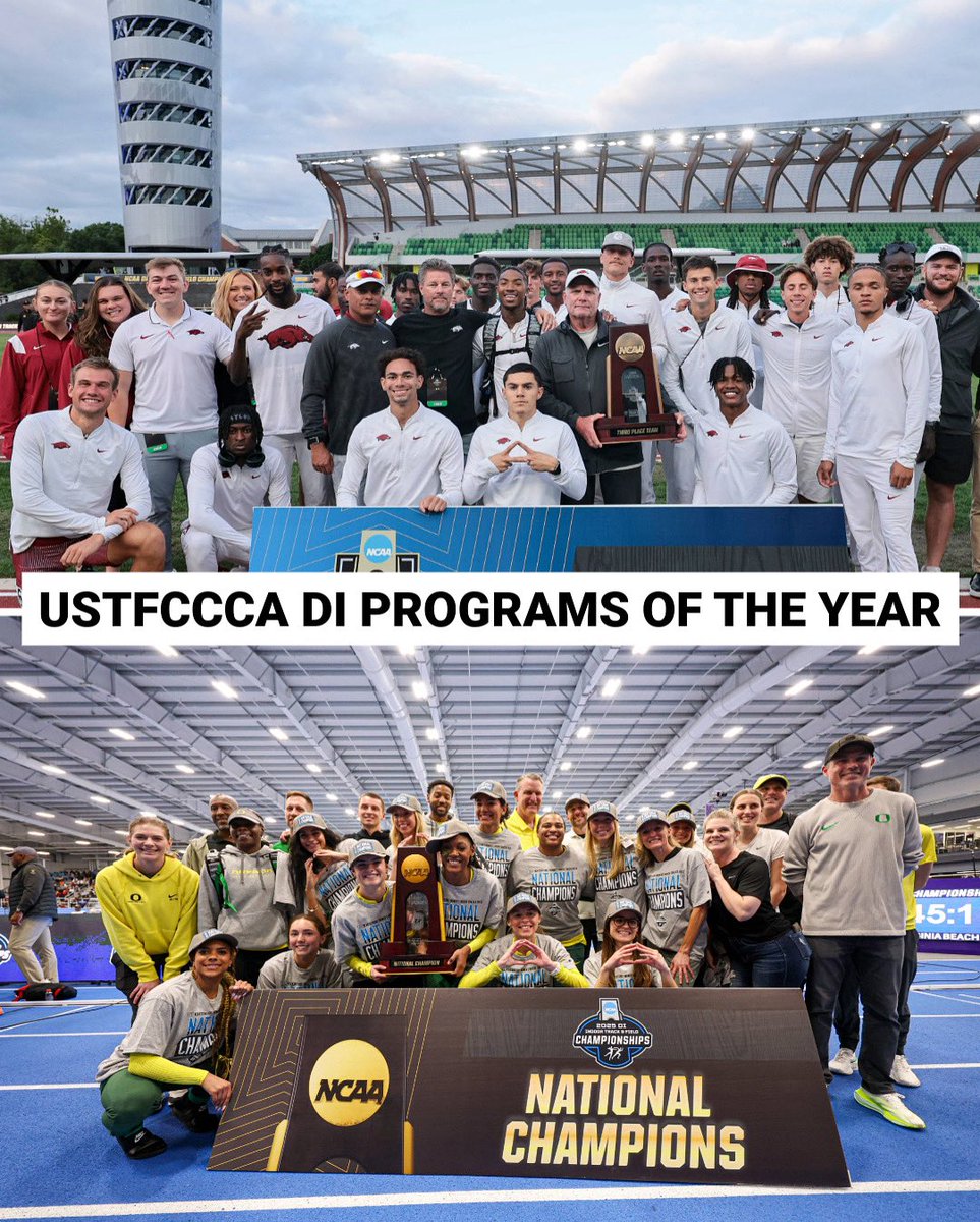 NCAATrackField's tweet image. .@USTFCCCA announced their 2025 John McDonnell &amp;amp; Terry Crawford Programs of the Year. 

🥇@RazorbackTF Men
🥇@OregonTF Women

#NCAATF