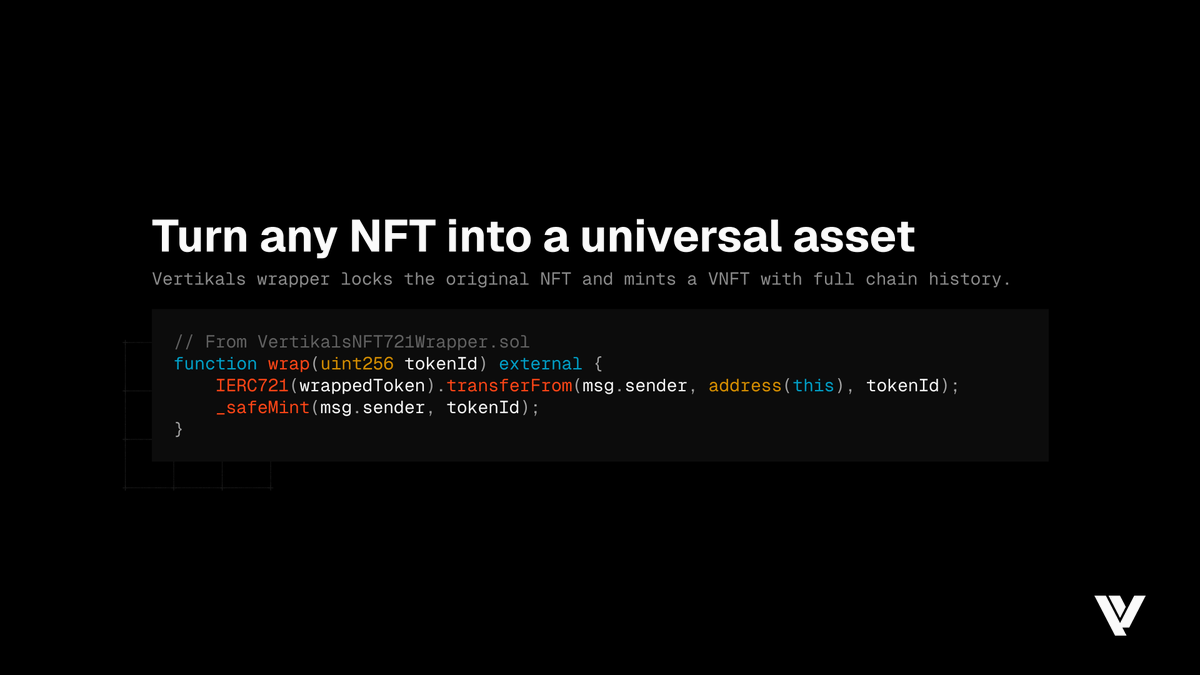 vertikals_io's tweet photo. 5th 🧵

Moving your VNFT doesn’t reset it. 
You keep:
🧾 Metadata integrity
🪪 Creator + mint origin
📜 Chain history

VNFTs aren’t just portable.
They’re persistent. https://t.co/ve2lxs9ZPd