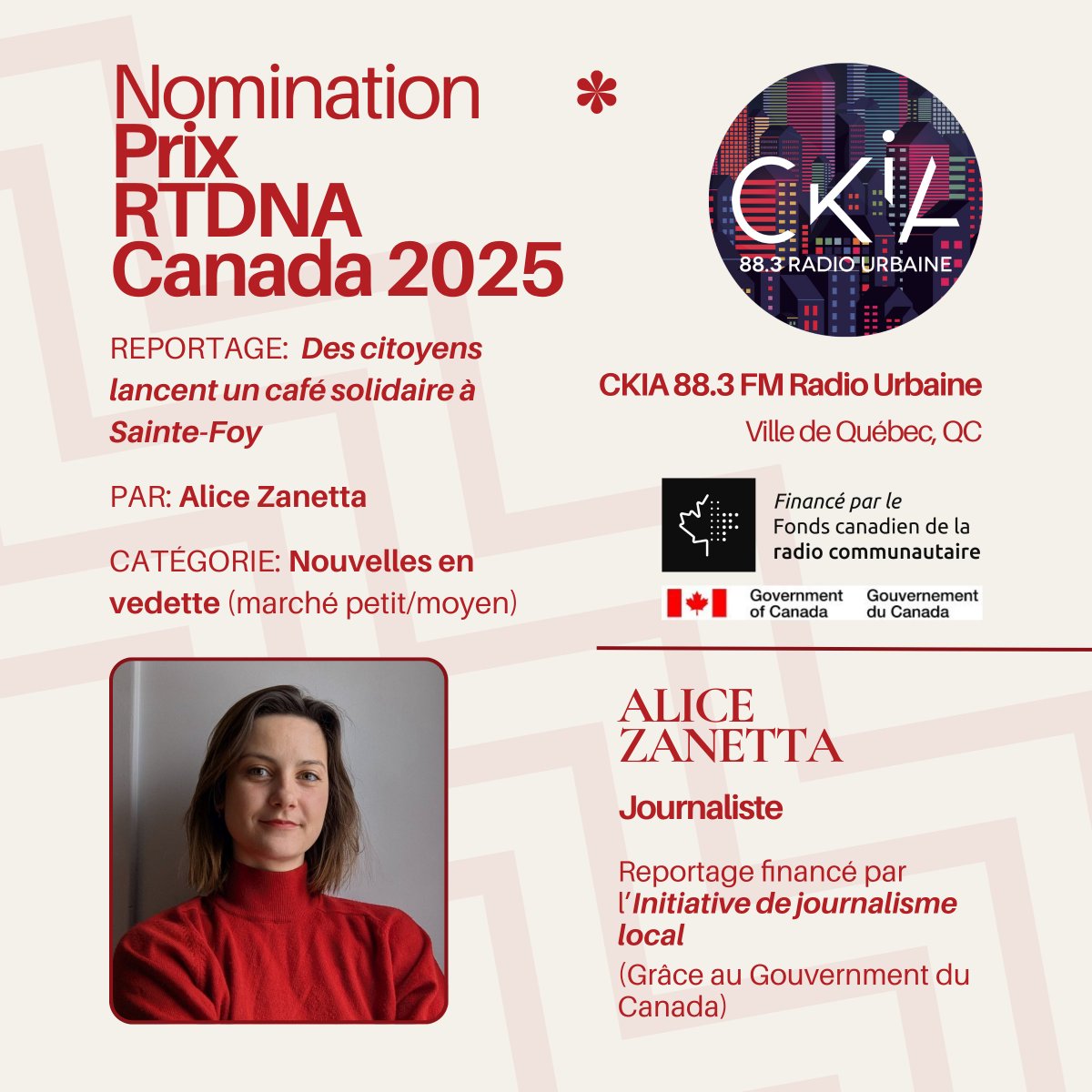CRFC / FCRC (@crfcfcrc) on Twitter photo 👏Félicitations à CKIA FM 88.3 pour sa nomination aux prix <a href="/RTDNA_Canada/">RTDNA_Canada</a> 2025 pour « Des citoyens lancent un café solidaire à Sainte-Foy », financé par l’Initiative de journalisme local via <a href="/Patrimoinecdn/">Patrimoine canadien</a> & <a href="/s_guilbeault/">Steven Guilbeault</a>! #GC
🔊Écoutez le reportage ici: shorturl.at/SSp86 👏Félicitations à CKIA FM 88.3 pour sa nomination aux prix <a href="/RTDNA_Canada/">RTDNA_Canada</a> 2025 pour « Des citoyens lancent un café solidaire à Sainte-Foy », financé par l’Initiative de journalisme local via <a href="/Patrimoinecdn/">Patrimoine canadien</a> & <a href="/s_guilbeault/">Steven Guilbeault</a>! #GC
🔊Écoutez le reportage ici: shorturl.at/SSp86