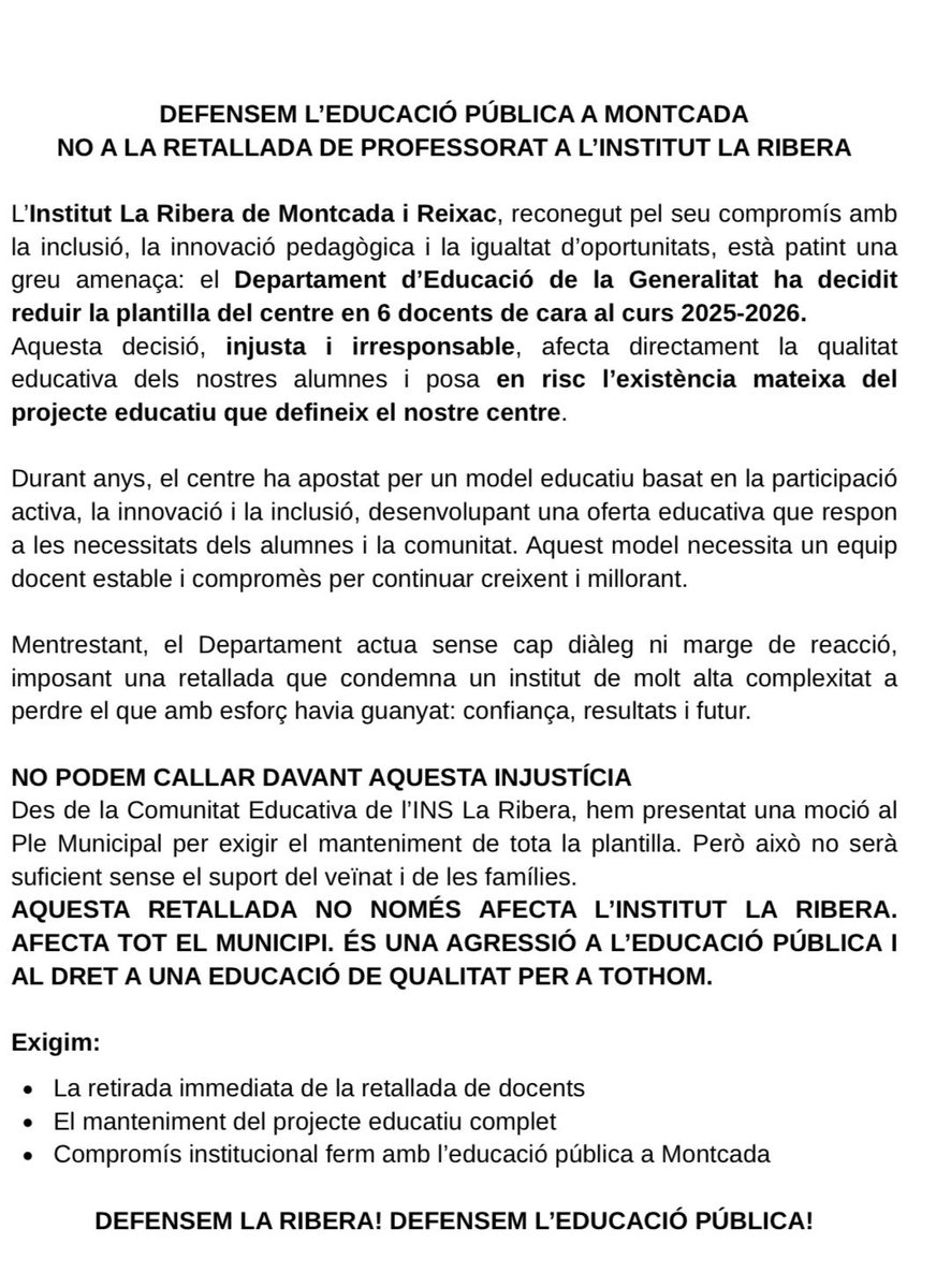 📣 Demà a les 17:30 h, concentració davant del Casal de la Mina (Av. de la Unitat, Montcada i Reixac), coincidint amb la reunió del Consell Escolar, per protestar contra el tancament de línies i la pèrdua de docents a l’Institut La Ribera! 💪📚 #LaRiberaNoEsToca #EducacióPública