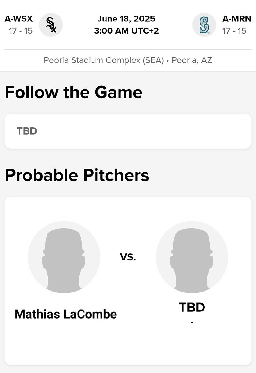 MichalLACOMBE2's tweet image. Start #8 in ACL @whitesox for @LacombeMathias4 vs @Mariners, today 6:00 PM 🇺🇲 (3:00 AM 🇨🇵).