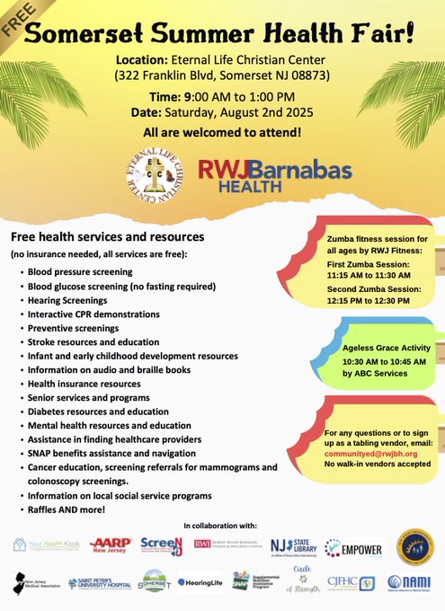 FREE  Somerset Summer Health Fair - no Insurance Needed. August 2, 2025 9am-1pm
<a href="/RWJBarnabas/">RWJBarnabas</a> <a href="/FPS_Stein_FTPS/">Jennifer Stein</a> <a href="/VP_JYoung_FTPS/">Jessica Young</a> <a href="/KSikorski_FTPS/">Kira Sikorski</a>