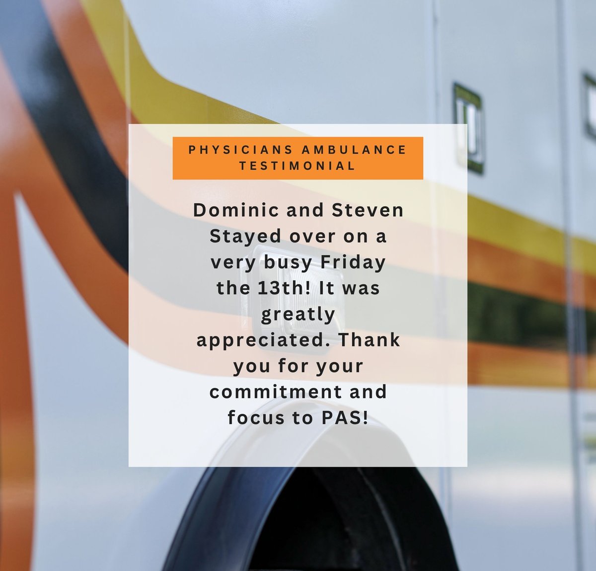 🚨 Testimonial Tuesday 🚨 
Shout out to Dominic and Steven!
Awesome Job Team! 🎉 
#physiciansambulance #testimonialtuesday #eventmedicine #physicianspride #fridaythe13th #weareeverywhere