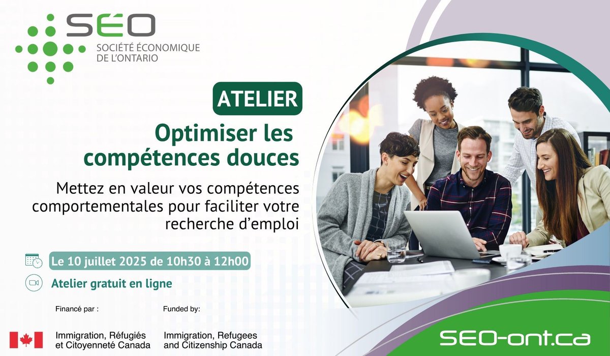 💼 Atelier virtuel sur les compétences douces

Communication, adaptabilité, esprit d’équipe… Apprenez à valoriser vos soft skills dans votre CV et en entrevue.

📅 10 juillet 2025 | 🕥 10h30-12h
💻 Inscription gratuite 👉 buff.ly/whSwa3R

#SociétéÉconomiqueOntario