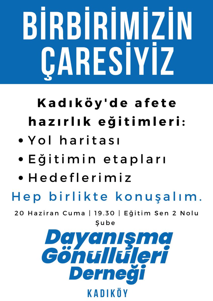 Kadıköy’de buluşuyoruz !!! 
* Afetlere nasil hazırlanmalıyız?
* Kadıköy için yol haritası nasıl olmalı?
* Çalışma hedeflerimizi neler? 

20 Haziran Cuma 19:30 
Eğitim Sen  Kadıköy 2 No’lu Şube