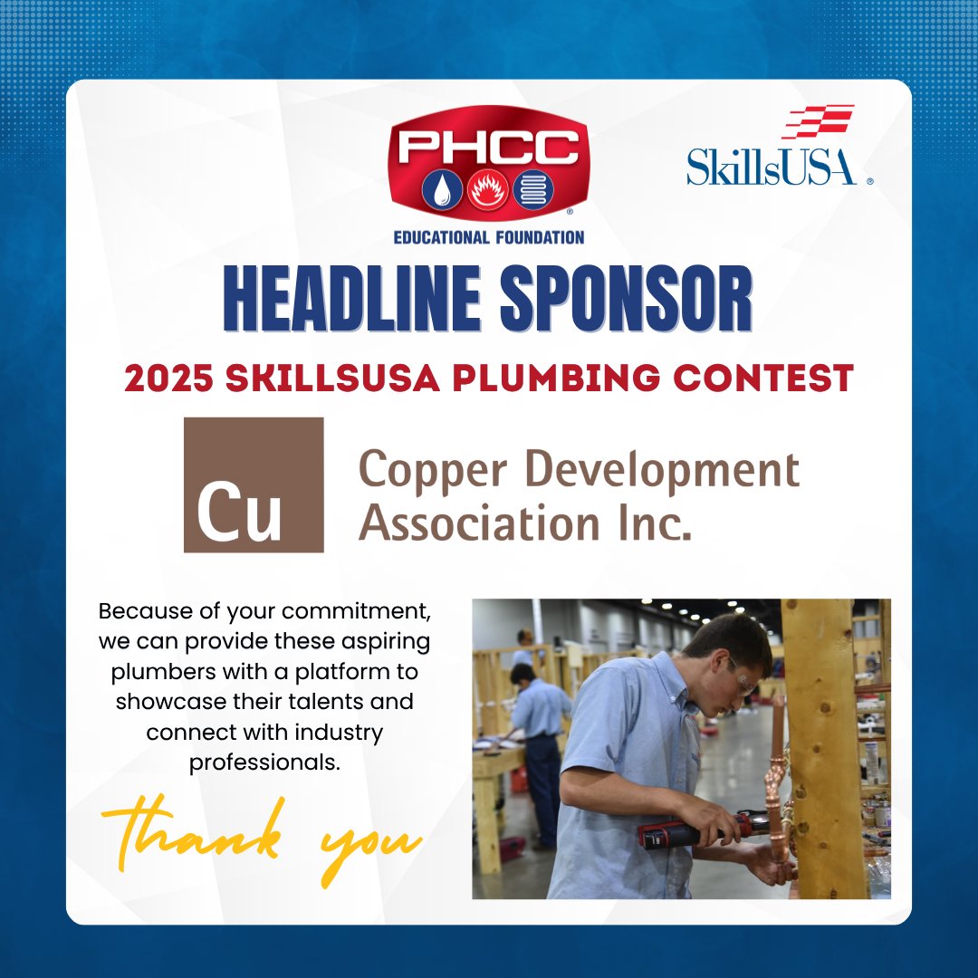 The Plumbing Championship at SkillsUSA would not be possible without our dedicated volunteers and amazing sponsors like the Copper Development Association!
phccfoundation.org/skillsusa-cham…

#PHCC Educational Foundation #PHCC Academy #PHCC National Association #SkillsUSA #2025NLSC