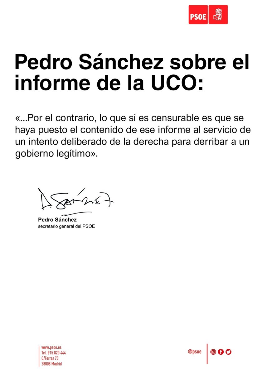 Que un presidente del Gobierno sugiera que la UCO ha puesto el informe al servicio de la derecha para “derribar al gobierno” es de una obscenidad institucional intolerable. No nos corresponde imputar delitos, eso es tarea del juez. Pero llama la atención que la reacción sea la