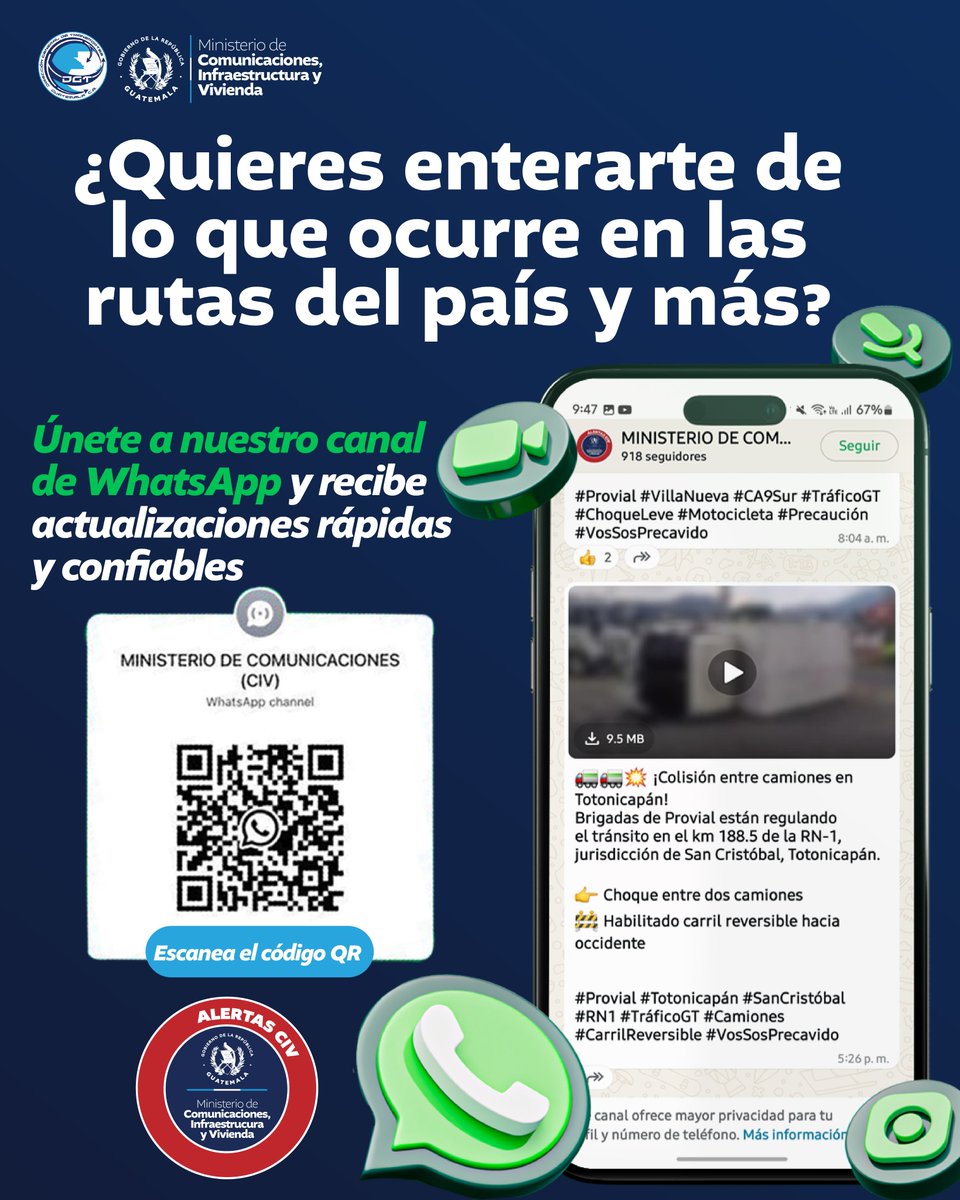 ¿Quieres enterarte de lo que ocurre en las rutas del país y más? 🚘🚓🚍🚦⚠️🚧🚥

➡️Escanea el código QR y únete a nuestro canal de WhatsApp para recibir actualizaciones rápidas y confiables 📲✅🚦🚓🚘⚠️

#ElPuebloDignoEsPrimero

<a href="/guatemalagob/">Gobierno de Guatemala 🇬🇹</a> <a href="/CIV_Guatemala/">Ministerio de Comunicaciones</a>