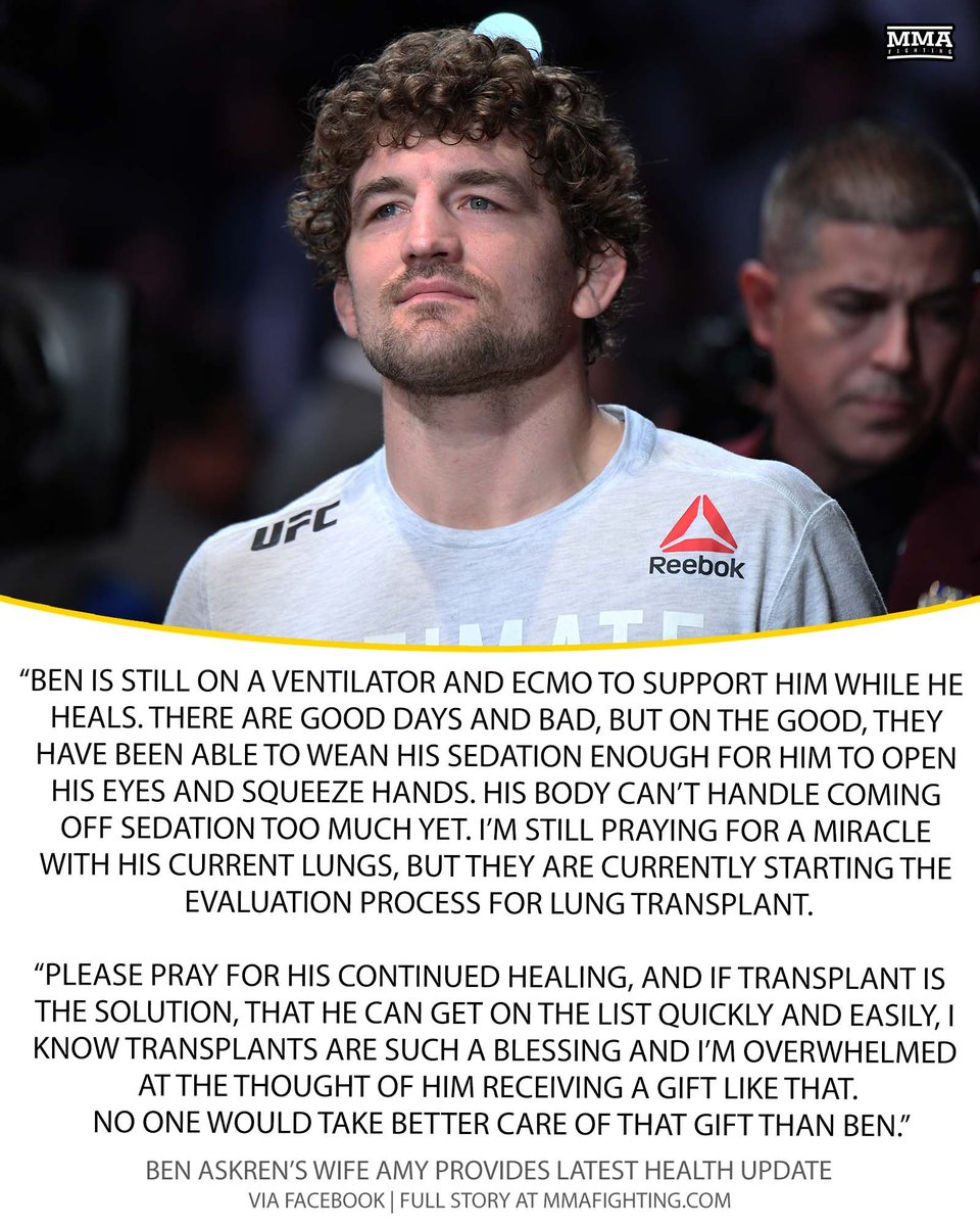 Ben Askren's wife provided a health update, stating the former #UFC star is still on a ventilator, and may need a lung transplant after developing severe pneumonia. 🙏