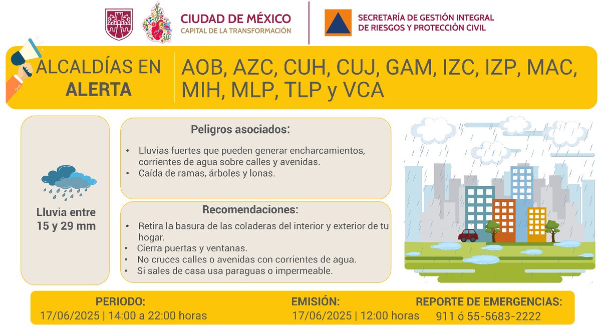 Clara Brugada Molina (@clarabrugadam) on Twitter photo Me comparten de la <a href="/SGIRPC_CDMX/">Secretaría de Gestión Integral de Riesgos y PC</a> que se activa #AlertaAmarilla por pronóstico de lluvias fuertes para la tarde y noche de este martes en gran parte de la ciudad. Las y los invito a mantenerse informados, seguir estas recomendaciones y reportar cualquier emergencia a los números y Me comparten de la <a href="/SGIRPC_CDMX/">Secretaría de Gestión Integral de Riesgos y PC</a> que se activa #AlertaAmarilla por pronóstico de lluvias fuertes para la tarde y noche de este martes en gran parte de la ciudad. Las y los invito a mantenerse informados, seguir estas recomendaciones y reportar cualquier emergencia a los números y