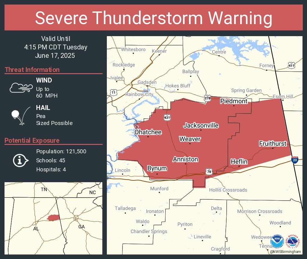 Severe Thunderstorm Warning including Anniston AL, Oxford AL and  Jacksonville AL until 4:15 PM CDT
