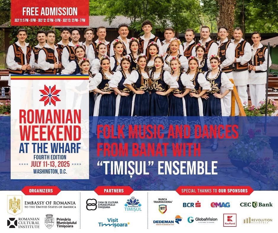 🇷🇴 Folk rhythms from Banat!
🌟 “Timișul” Ensemble brings Romania’s soul to D.C. at Romanian Weekend at The Wharf, July 11–13!
🎭 3 days of dance, music, crafts, &amp; more!
📍 The Wharf, Washington, D.C.
🔗 Info: romanianfestivaldc.com
#RomanianWeekendattheWharf