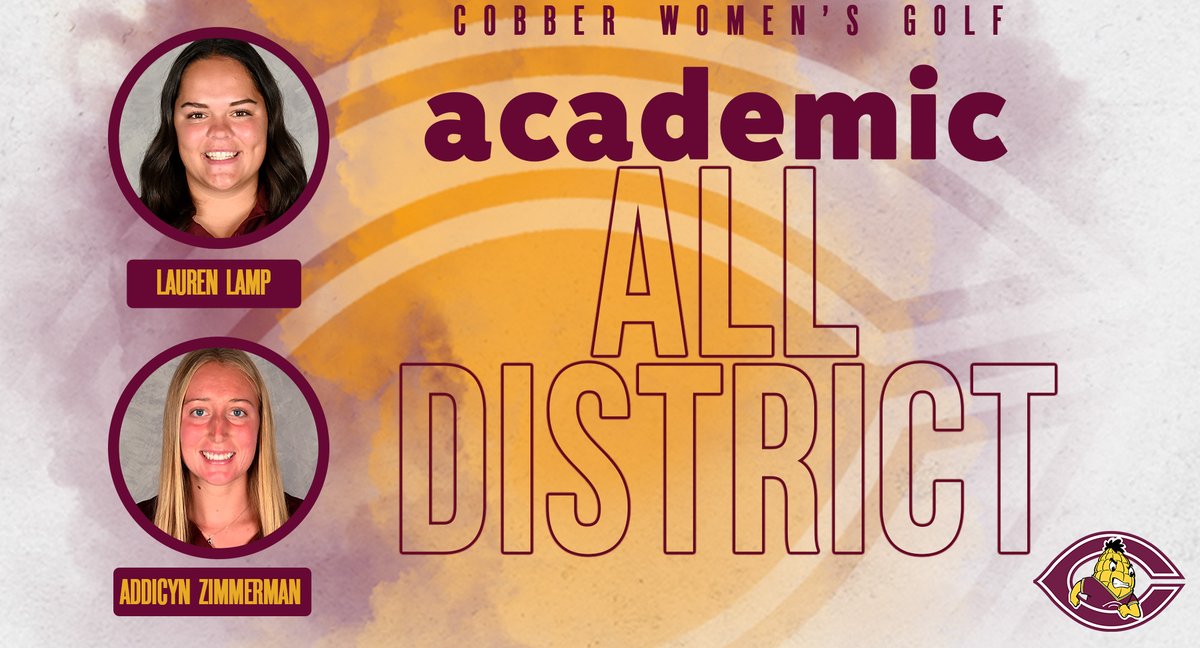 CobberSID's tweet image. 𝗔𝗖𝗔𝗗𝗘𝗠𝗜𝗖 𝗔𝗟𝗟-𝗗𝗜𝗦𝗧𝗥𝗜𝗖𝗧! CORNGRATS to Cobber women's golf student-athletes Lauren Lamp & Addicyn Zimmerman, who were named to the CSC Academic All-District At-Large Team.
𝗗𝗘𝗧𝗔𝗜𝗟𝗦: tinyurl.com/4bvhyd3d