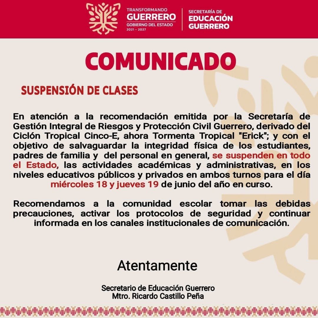 Suspenden clases en Guerrero ante el arribo de Erick, que podría impactar mañana como huracán categoría 2, según advirtió hace unas horas la presidenta Sheinbaum.