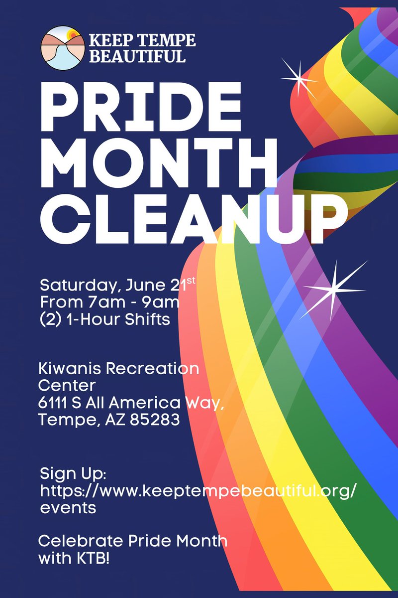 keeptempebtfl's tweet image. 🏳️‍🌈♻️ Join Keep Tempe Beautiful this Saturday, June 21st, for a cleanup celebrating Pride Month! 

🌈 We’re thrilled to partner with Phoenix Metro LGBTQ+ groups to make Tempe shine.

📍 Kiwanis Park Recreation Center (6111 S All American Way, Tempe AZ 85283) 
🕗 (2) 1-Hour Shifts:…