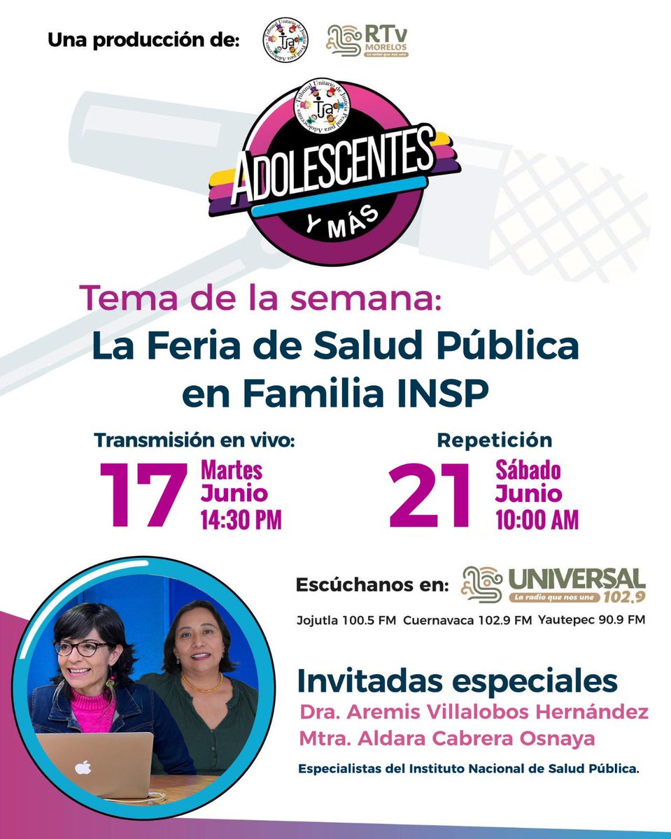 Escuela de Salud Pública de México (@saludpublicamx) on Twitter photo Hoy podrás escuchar más sobre la Feria de Salud Pública en Familia, 3ra edición 👉🏻 un día de puertas abiertas en el <a href="/inspmx/">INSP México</a>📍
Conoce más en:
facebook.com/universal1029fm Hoy podrás escuchar más sobre la Feria de Salud Pública en Familia, 3ra edición 👉🏻 un día de puertas abiertas en el <a href="/inspmx/">INSP México</a>📍
Conoce más en:
facebook.com/universal1029fm