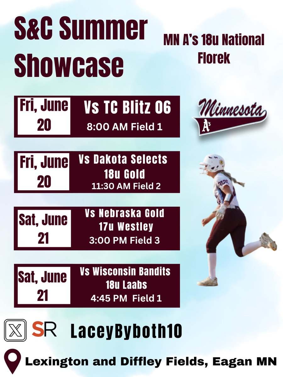 Lacey Byboth 2026 (@laceybyboth10) on Twitter photo Here's my S&C Showcase schedule for this weekend. So excited for weekend #2!
<a href="/FrackAttack22/">Melissa Fracker</a> <a href="/jimmieboot/">Kevin Gall</a> <a href="/coachsamkorn/">Sam Korn</a> <a href="/AliNowak4/">Ali Nowak</a> <a href="/CoachGregJones1/">Greg Jones</a> <a href="/rclick09/">Rachael Click</a> <a href="/wagner_nat/">Nathaniel Wagner</a> <a href="/coachbbouman/">Bailey Bouman</a> <a href="/lakewags34/">Lakyn Krizan</a> <a href="/ChoiceFastpitch/">Choice Fastpitch</a> Here's my S&C Showcase schedule for this weekend. So excited for weekend #2!
<a href="/FrackAttack22/">Melissa Fracker</a> <a href="/jimmieboot/">Kevin Gall</a> <a href="/coachsamkorn/">Sam Korn</a> <a href="/AliNowak4/">Ali Nowak</a> <a href="/CoachGregJones1/">Greg Jones</a> <a href="/rclick09/">Rachael Click</a> <a href="/wagner_nat/">Nathaniel Wagner</a> <a href="/coachbbouman/">Bailey Bouman</a> <a href="/lakewags34/">Lakyn Krizan</a> <a href="/ChoiceFastpitch/">Choice Fastpitch</a>