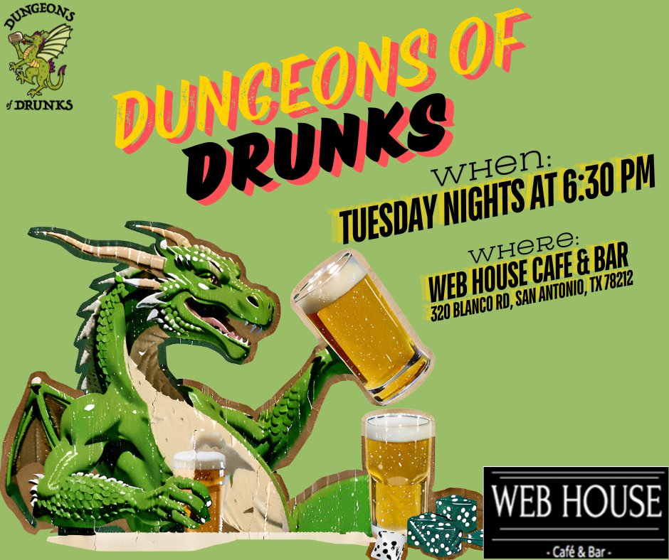 Web_House's tweet image. Dungeons &amp;amp; Dragons game on Tuesday, June 17th, 2025, from 6:30PM till whenever the game ends.Don't know how to play? No worries, the D&amp;amp;D team will teach you! No charge to play Dungeons &amp;amp; Dragons.Come hungry, food and drink available. All ages welcome, must be 21 to drink.