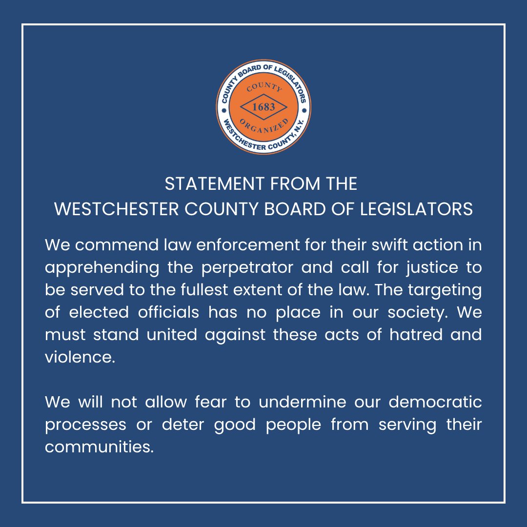 westchesterBOL's tweet image. The Board of Legislators is heartbroken by the tragic violence in Minnesota. Our thoughts are with the victims and families. Targeting public servants is an attack on democracy. We stand united against hate.
#WestchesterBOL #DemocracyStrong #PublicServiceMatters