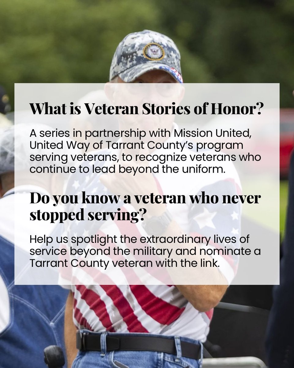 FortWorthReport's tweet image. Do you know a veteran who never stopped serving? We’re partnering with Mission United, @UWTarrant’s program, to spotlight extraordinary lives of service beyond the military.
Nominate a Tarrant County veteran with the link and stay tuned for the series.
unitedwaytarrant.formstack.com/forms/veterans…